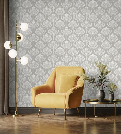 Papel pintado hojas de palma egipcia color gris cálido Malaika 682307