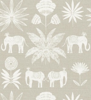 Papel pintado de elefantes y hojas fondo beige estilo étnico africano Mombasa 682315