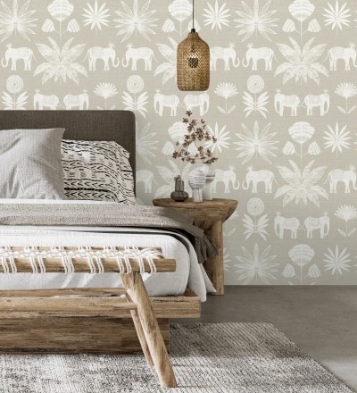 Papel pintado de elefantes y hojas fondo beige estilo étnico africano Mombasa 682315