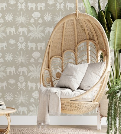 Papel pintado de elefantes y hojas fondo beige estilo étnico africano Mombasa 682315