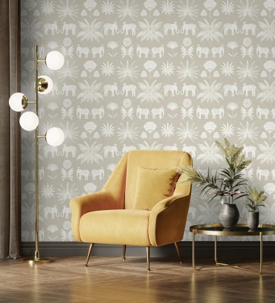 Papel pintado de elefantes y hojas fondo beige estilo étnico africano Mombasa 682315