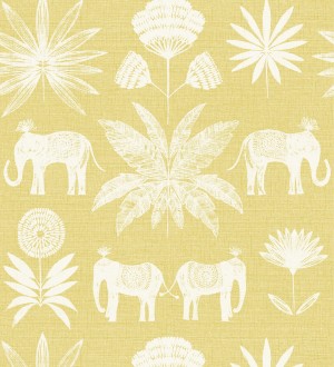 Papel pintado de elefantes y hojas fondo amarillo estilo étnico africano Mombasa 682316