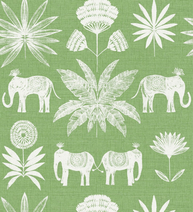 Papel pintado de elefantes y hojas fondo verde estilo étnico africano Mombasa 682317