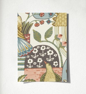 Papel pintado maceta de plantas y flores con pájaros multicolor diseño patchwork Dafne 500682093