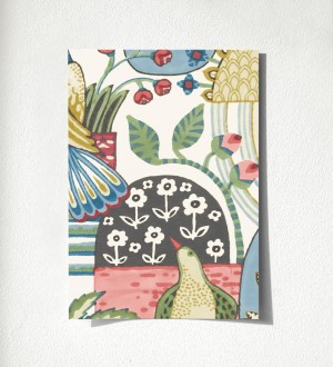Papel pintado maceta de plantas y flores con pájaros multicolor diseño patchwork Dafne 500682094