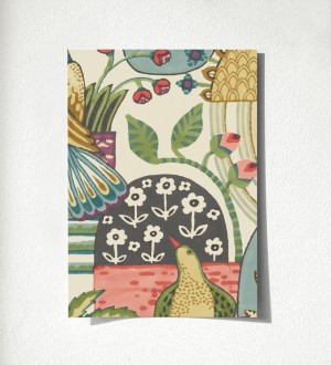 Papel pintado maceta de plantas y flores con pájaros multicolor diseño patchwork Dafne 500682095
