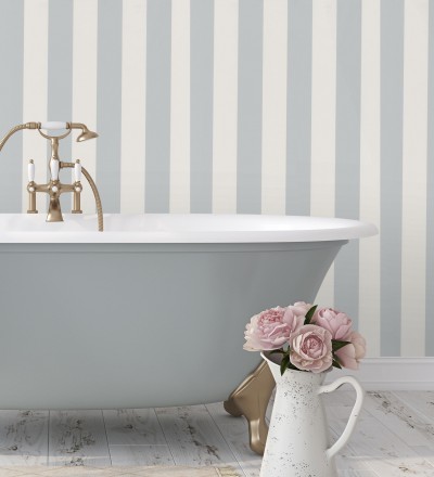 Papel pintado de rayas textura lienzo color celeste grisáceo y blanco Raya Orellana 231919