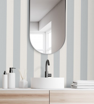 Papel pintado de rayas textura lienzo color celeste grisáceo y blanco Raya Orellana 231919