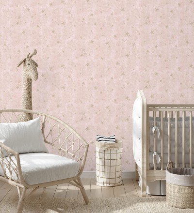Papel pintado infantil de cielo rosa con estrellas doradas Itzel 681984