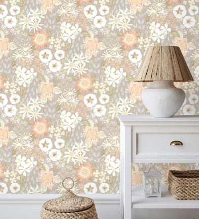 Papel pintado jardín de flores fondo gris calido estilo botánico Masie Garden 682060
