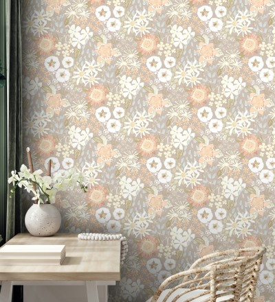 Papel pintado jardín de flores fondo gris calido estilo botánico Masie Garden 682060