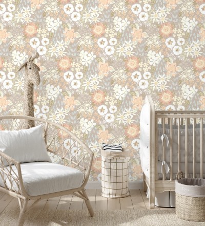Papel pintado jardín de flores fondo gris calido estilo botánico Masie Garden 682060