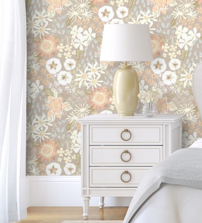 Papel pintado jardín de flores fondo gris calido estilo botánico Masie Garden 682060