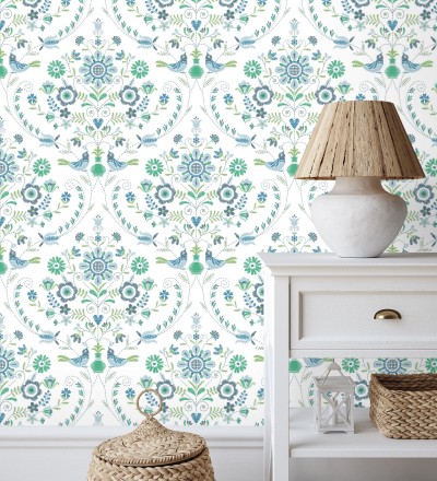 Papel pintado de pájaros y flores tonos verdes y azules Lilith 682048