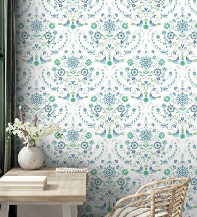 Papel pintado de pájaros y flores tonos verdes y azules Lilith 682048