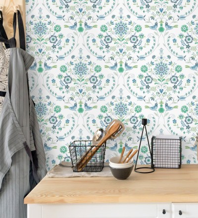 Papel pintado de pájaros y flores tonos verdes y azules Lilith 682048