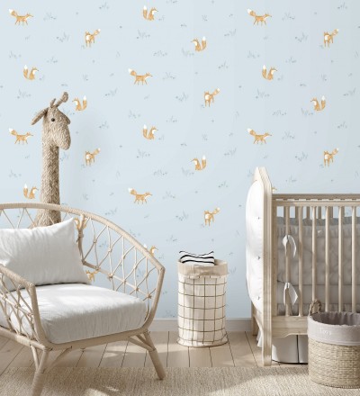 Papel pintado zorros coquetos infantiles fondo celeste aguamarina Foxes 232132