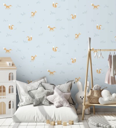 Papel pintado zorros coquetos infantiles fondo celeste aguamarina Foxes 232132