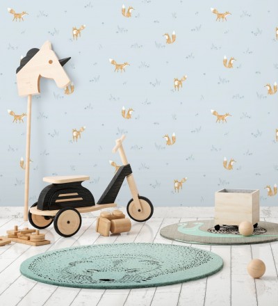 Papel pintado zorros coquetos infantiles fondo celeste aguamarina Foxes 232132