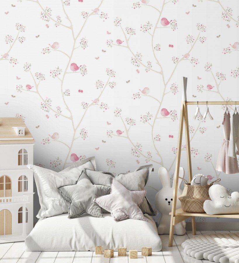 PAPEL PINTADO PÁJAROS Y FLORES ROSA - Decoración Habitación Infantil