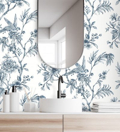 Papel pintado pájaros y hojas dibujado a carboncillo La Bohème 679486