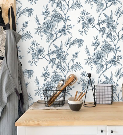 Papel pintado pájaros y hojas dibujado a carboncillo La Bohème 679486