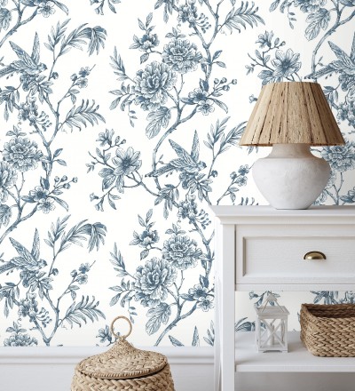 Papel pintado pájaros y hojas dibujado a carboncillo La Bohème 679486