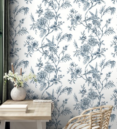 Papel pintado pájaros y hojas dibujado a carboncillo La Bohème 679486