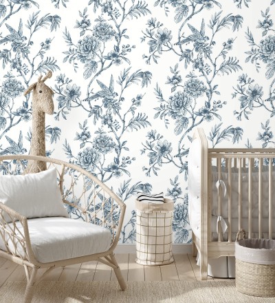 Papel pintado pájaros y hojas dibujado a carboncillo La Bohème 679486