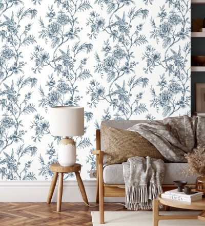 Papel pintado pájaros y hojas dibujado a carboncillo La Bohème 679486
