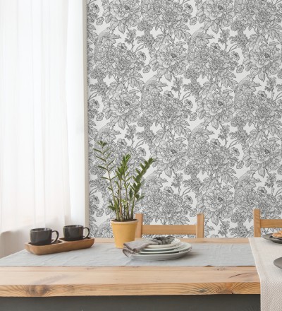 Papel pintado romántico flores y pájaros tonos gris oscuro Bristol Flowers 679532