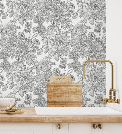 Papel pintado romántico flores y pájaros tonos gris oscuro Bristol Flowers 679532