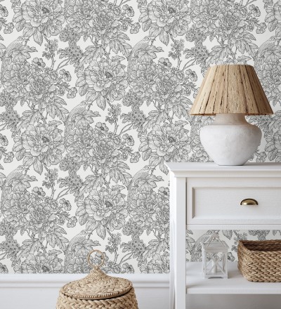 Papel pintado romántico flores y pájaros tonos gris oscuro Bristol Flowers 679532