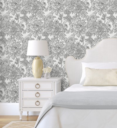 Papel pintado romántico flores y pájaros tonos gris oscuro Bristol Flowers 679532
