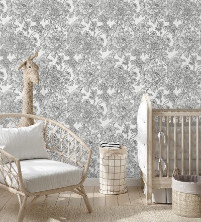 Papel pintado romántico flores y pájaros tonos gris oscuro Bristol Flowers 679532