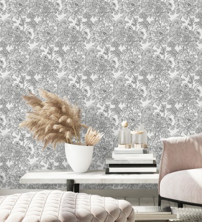 Papel pintado romántico flores y pájaros tonos gris oscuro Bristol Flowers 679532