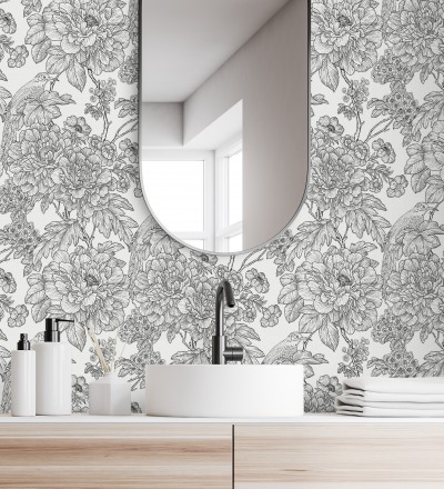 Papel pintado romántico flores y pájaros tonos gris oscuro Bristol Flowers 679532