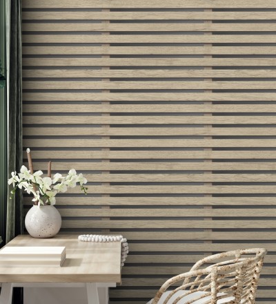 Papel pintado listones de madera natural en paneles fondo oscuro Thabo 681958