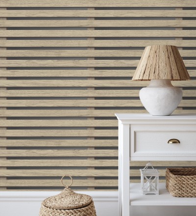 Papel pintado listones de madera natural en paneles fondo oscuro Thabo 681958