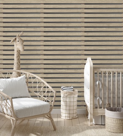 Papel pintado listones de madera natural en paneles fondo oscuro Thabo 681958