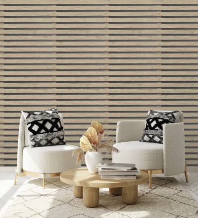 Papel pintado listones de madera natural en paneles fondo oscuro Thabo 681958