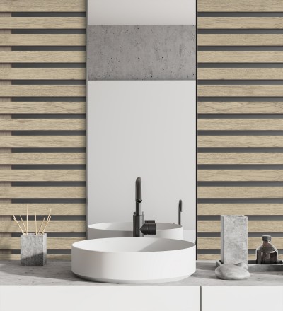 Papel pintado listones de madera natural en paneles fondo oscuro Thabo 681958