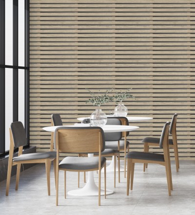 Papel pintado listones de madera natural en paneles fondo oscuro Thabo 681958