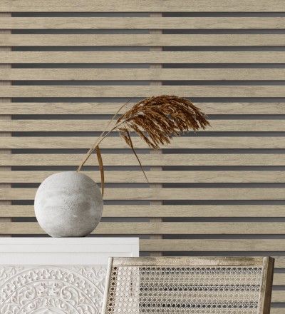 Papel pintado listones de madera natural en paneles fondo oscuro Thabo 681958
