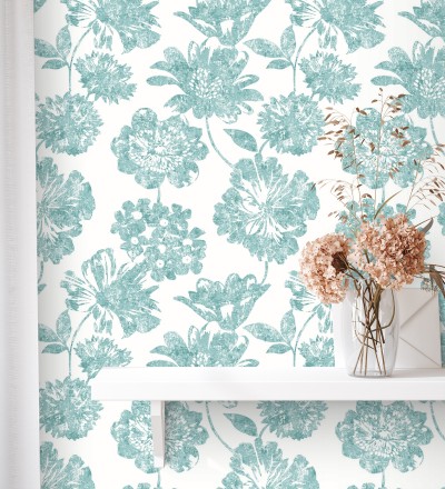 Papel pintado flores grandes estilo tropical tonos verdes Maldives 679536