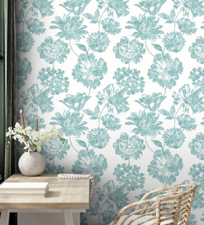 Papel pintado flores grandes estilo tropical tonos verdes Maldives 679536