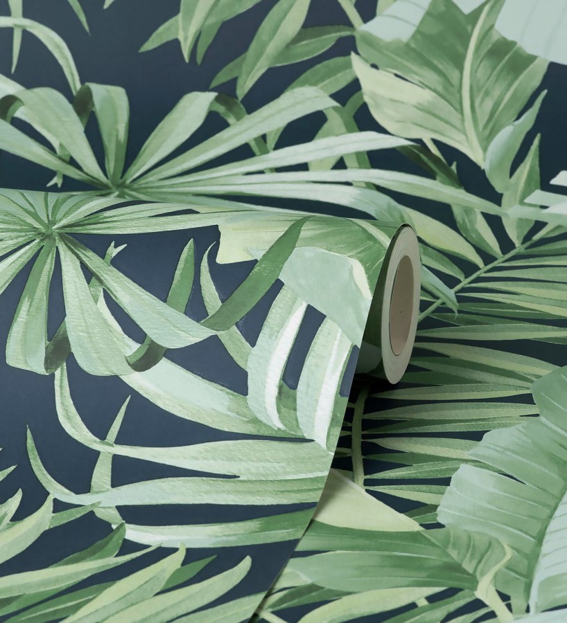 Papel pintado de hojas tropicales verde fondo oscuro Maldivas Tropical 682358