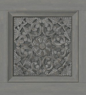 Papel pintado casetones barrocos grises con efecto madera tallada sin relieve Odeon Rail 682359