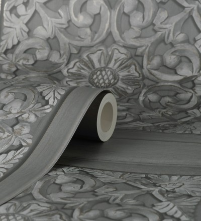 Papel pintado casetones barrocos grises con efecto madera tallada sin relieve Odeon Rail 682359