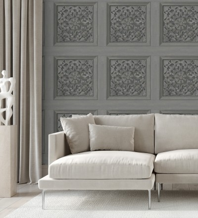 Papel pintado casetones barrocos grises con efecto madera tallada sin relieve Odeon Rail 682359